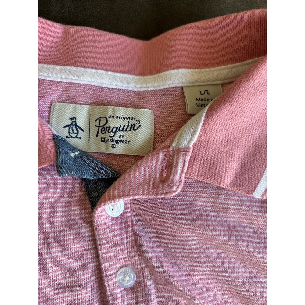 vtg penguin Pink Striped golf polo shirt Preppy L retro casual career summer - Picture 3 of 7